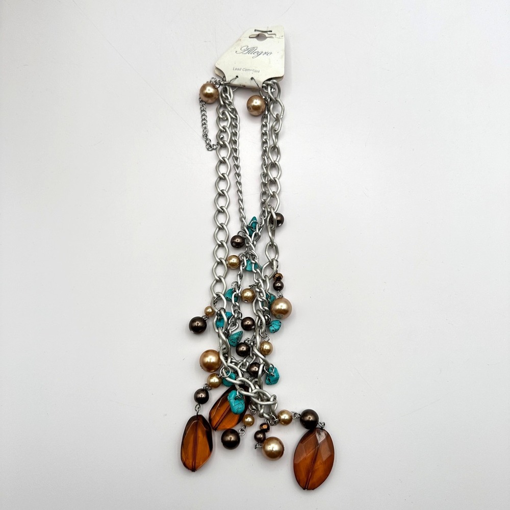 Vintage 90s Allegro Silver Tone Faux Pearl Glass Turquoise Necklace Earrings Set